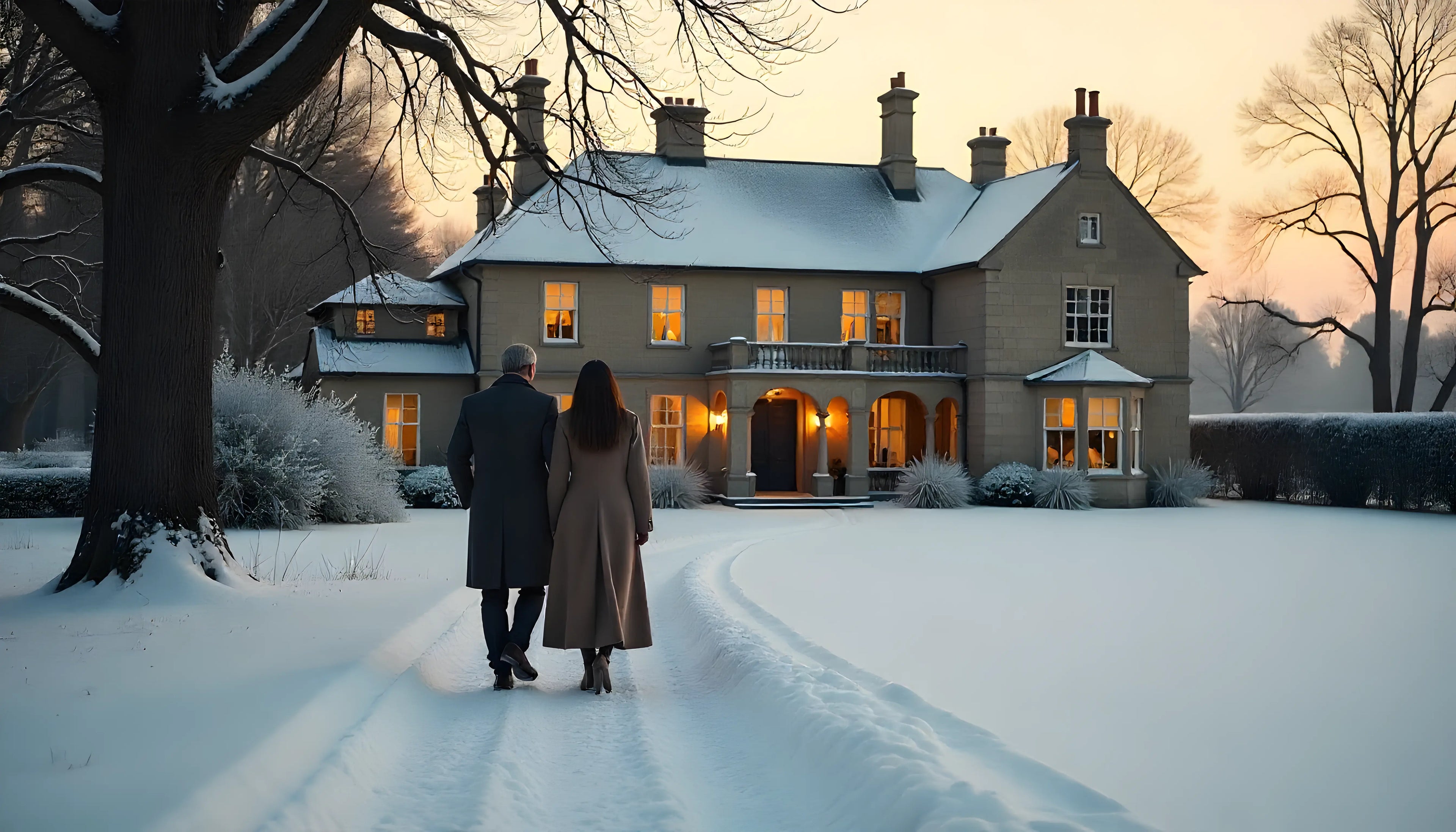 Two people walking in the snow towards a large, snowy house at sunset.
