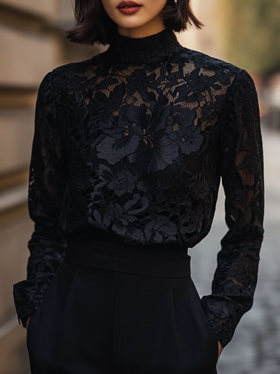 Isabelle | Floral Lace High Neck Blouse - Elle & Milo