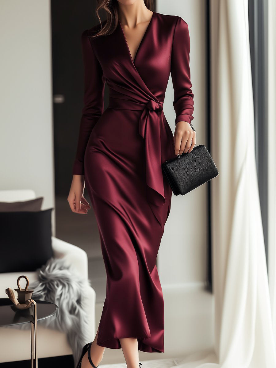 Isabelle | Burgundy Satin Wrap Dress - Elle & Milo