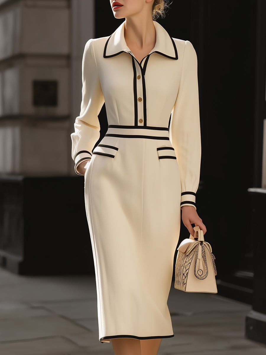 Luna | Contrast Trim Midi Dress Buttons - Elle & Milo