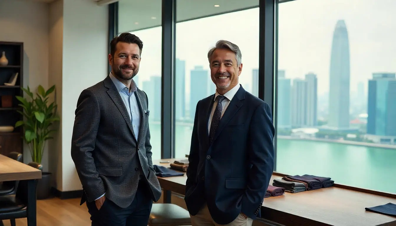 Two men in suits standing in an office with a cityscape view.