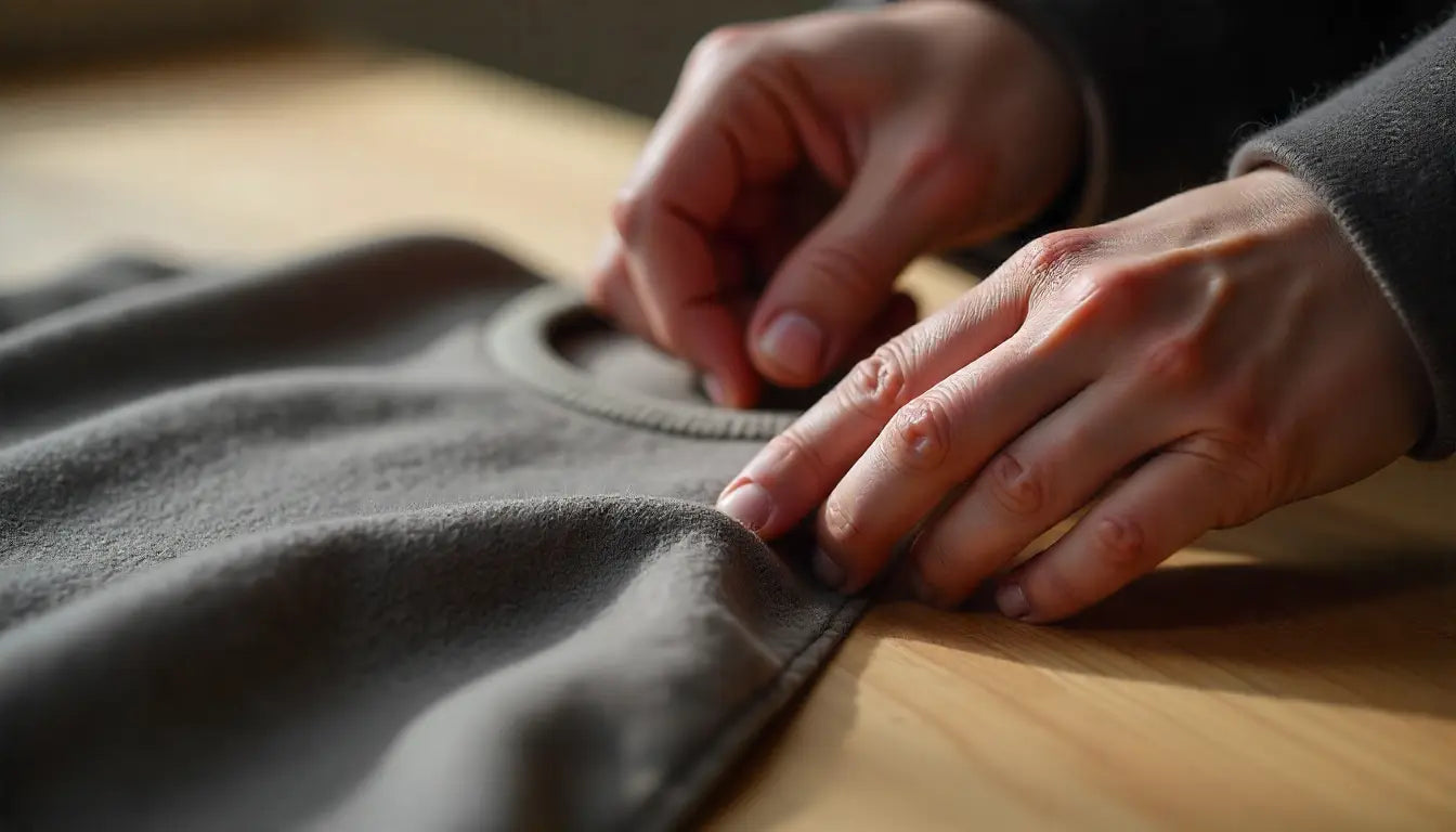 Close-up of hands adjusting a piece of gray fabric on a wooden surface