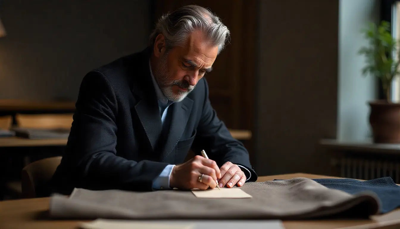 Man in a suit writing on a piece of paper at a desk in a dimly lit room.