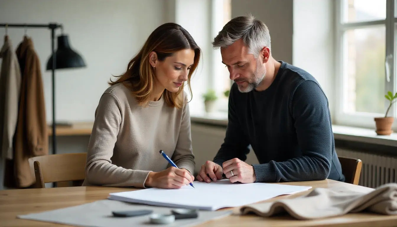 Man and woman sitting at a table, looking at documents together.