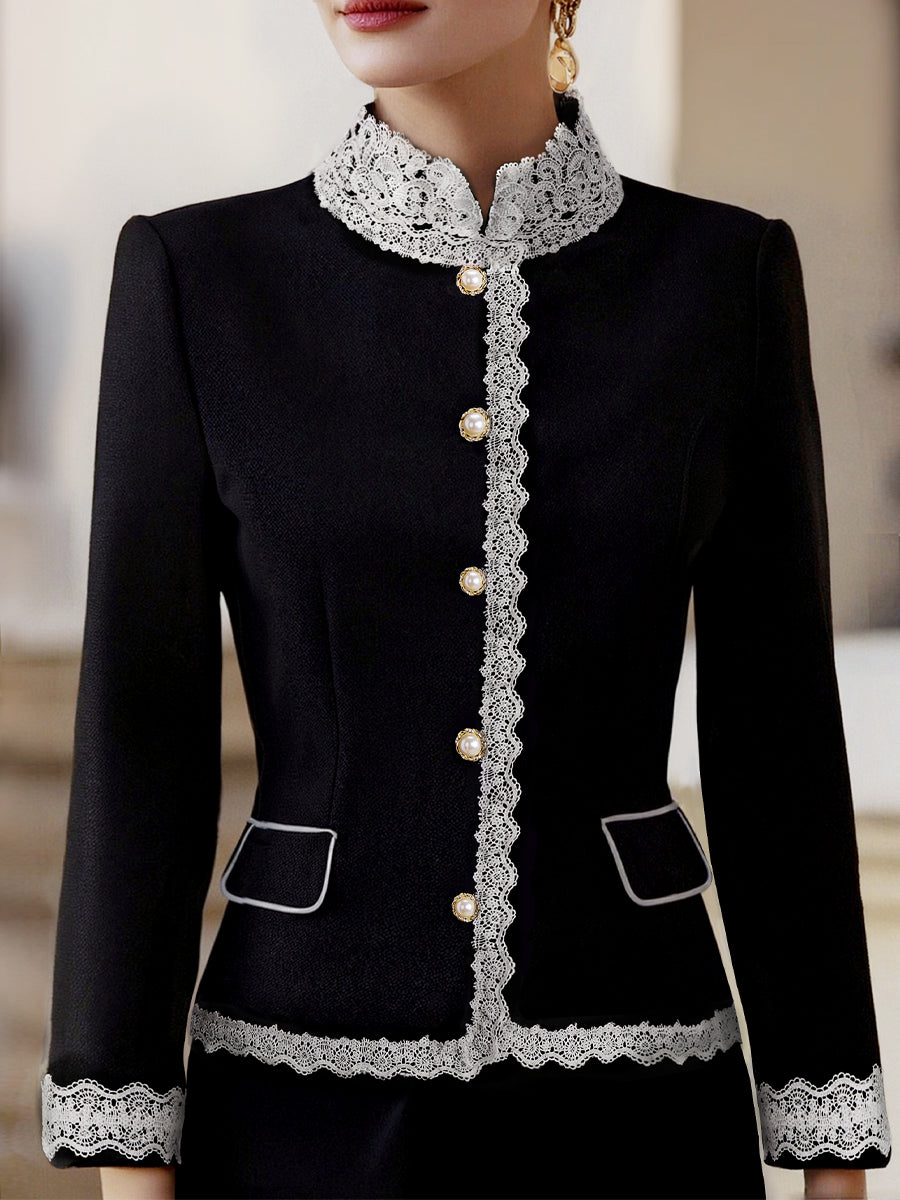 Luna | Pearl Button Blazer Lace Trim - Elle & Milo