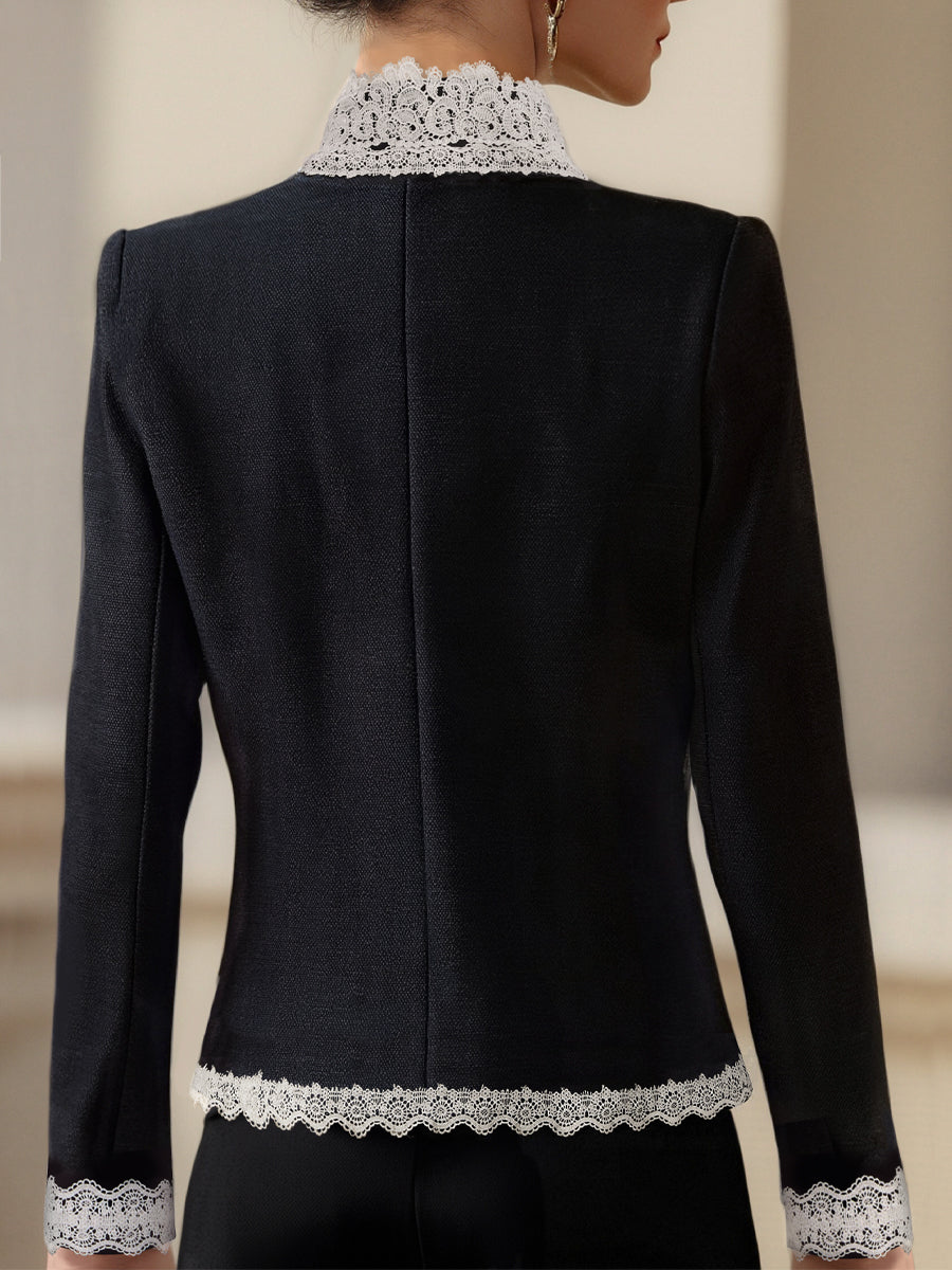 Luna | Pearl Button Blazer Lace Trim - Elle & Milo