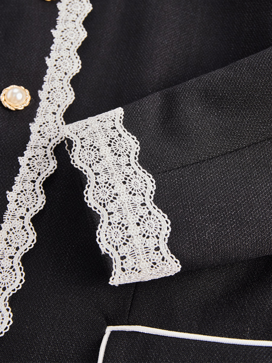 Luna | Pearl Button Blazer Lace Trim - Elle & Milo
