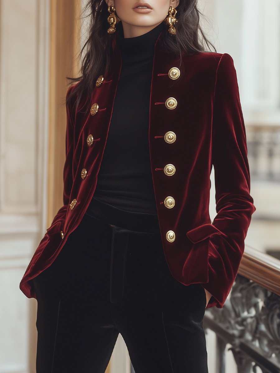Elena | Velvet Jacket with Bold Gold Accents - Elle & Milo
