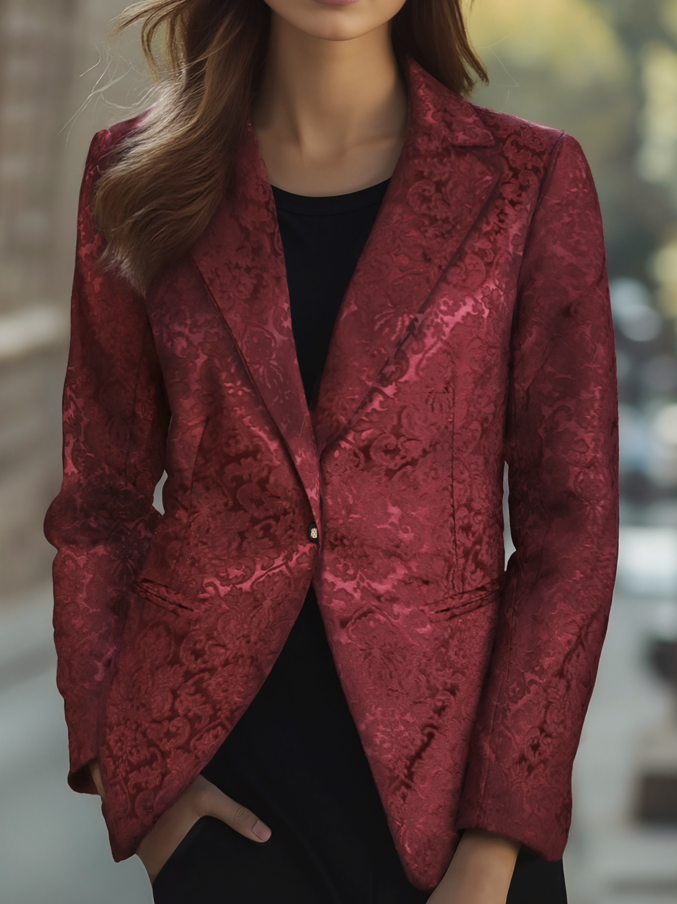 Luna | Burgundy Jacquard Satin Blazer - Elle & Milo