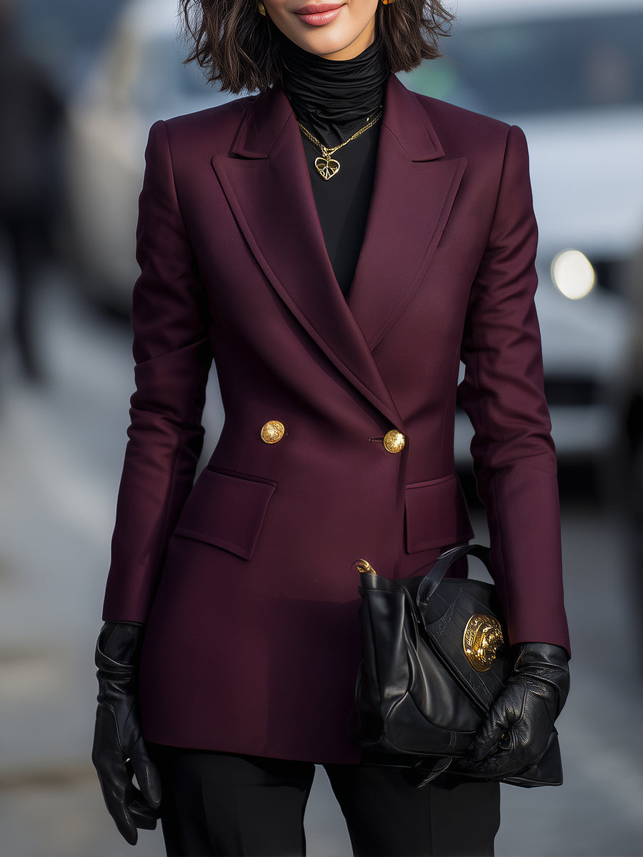 Burgundy | Double-Breasted Blazer with Gold Accents - Elle & Milo
