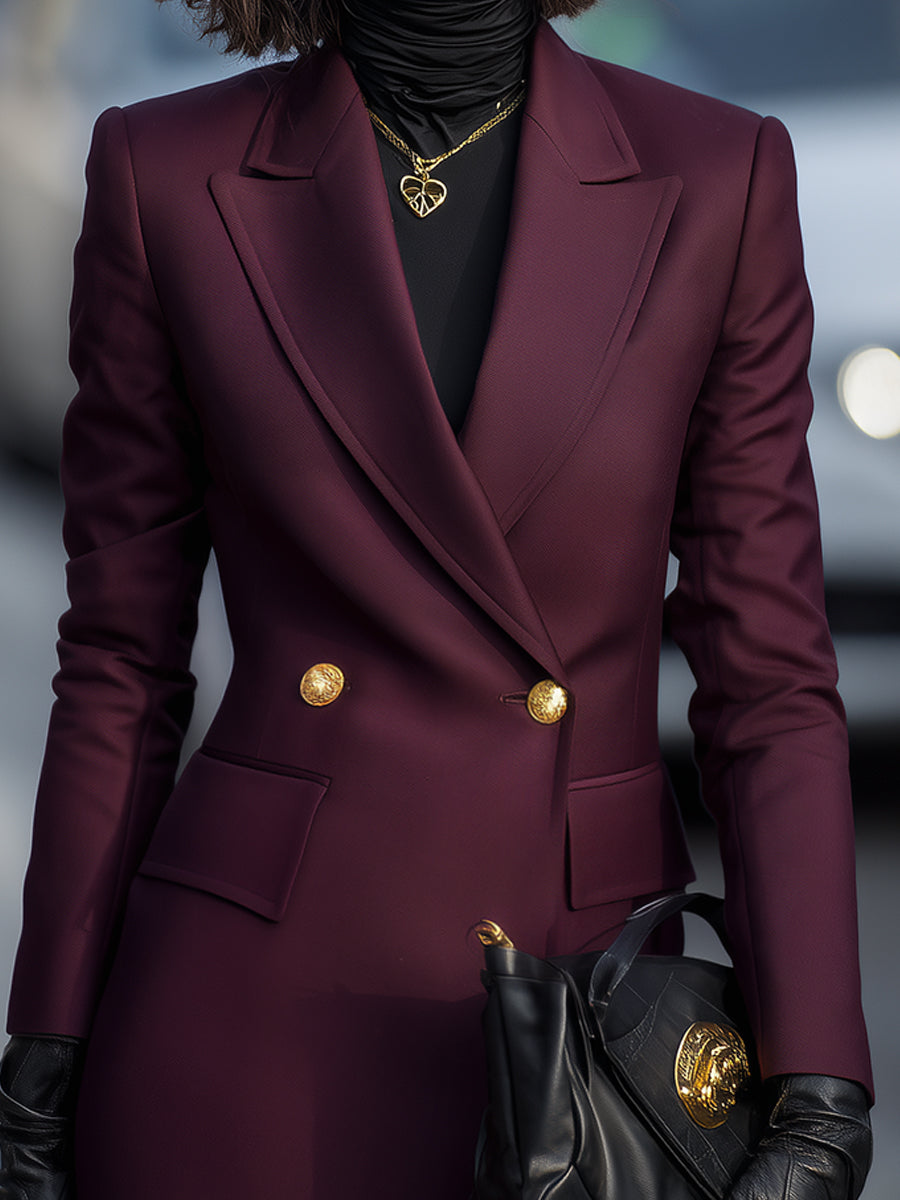Burgundy | Double-Breasted Blazer with Gold Accents - Elle & Milo