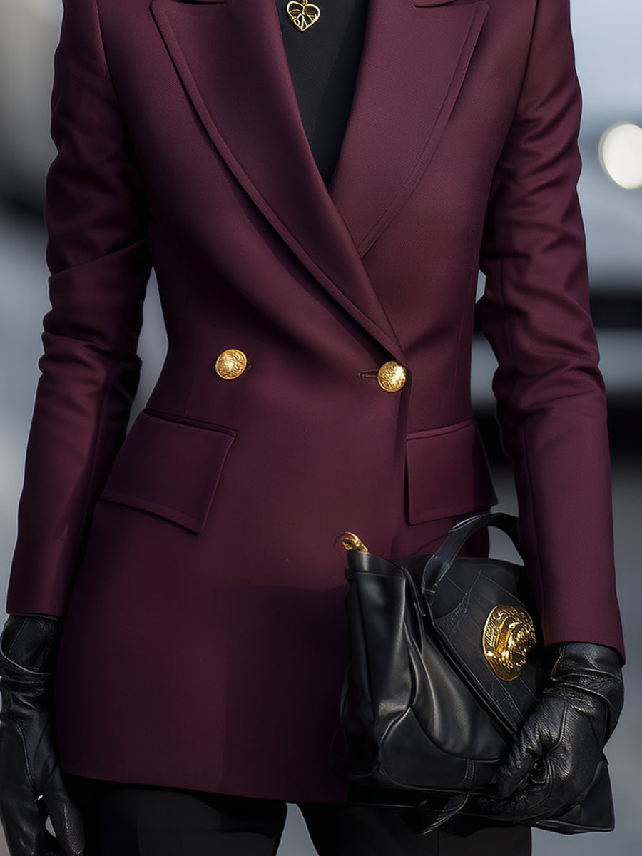 Burgundy | Double-Breasted Blazer with Gold Accents - Elle & Milo