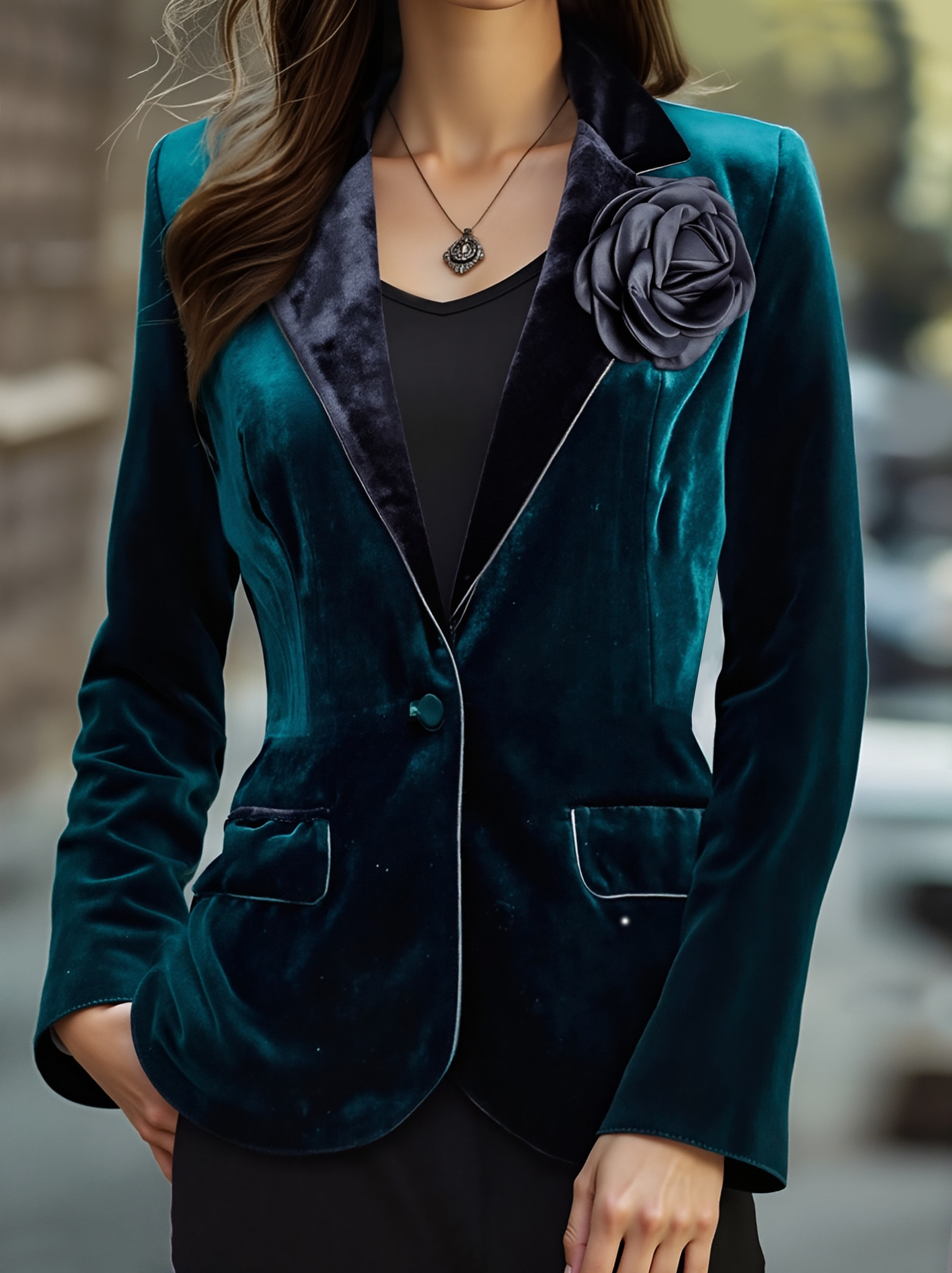 Emerald | Blazer with Satin Lapels and Rose Embroidery - Elle & Milo