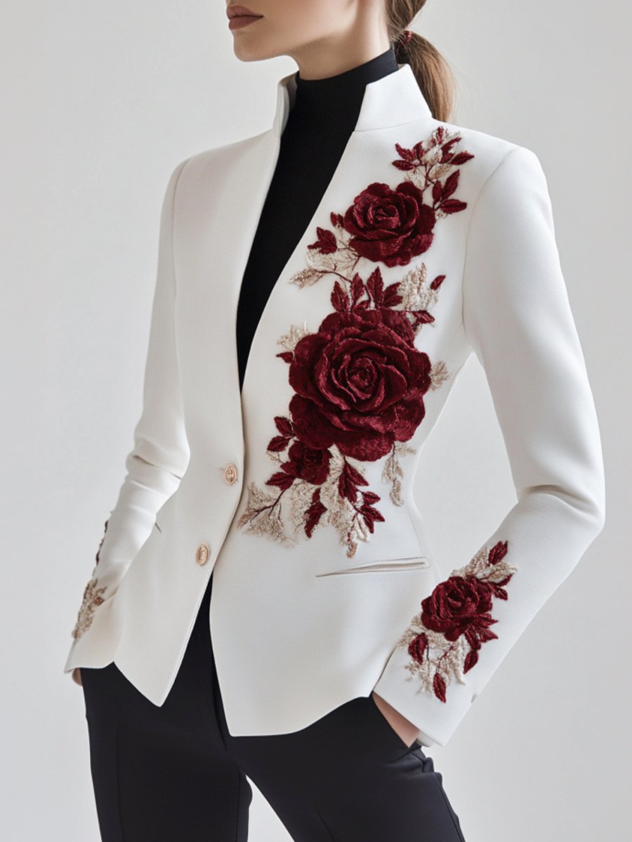 Elena | Blazer with Red Rose Embroidery - Elle & Milo