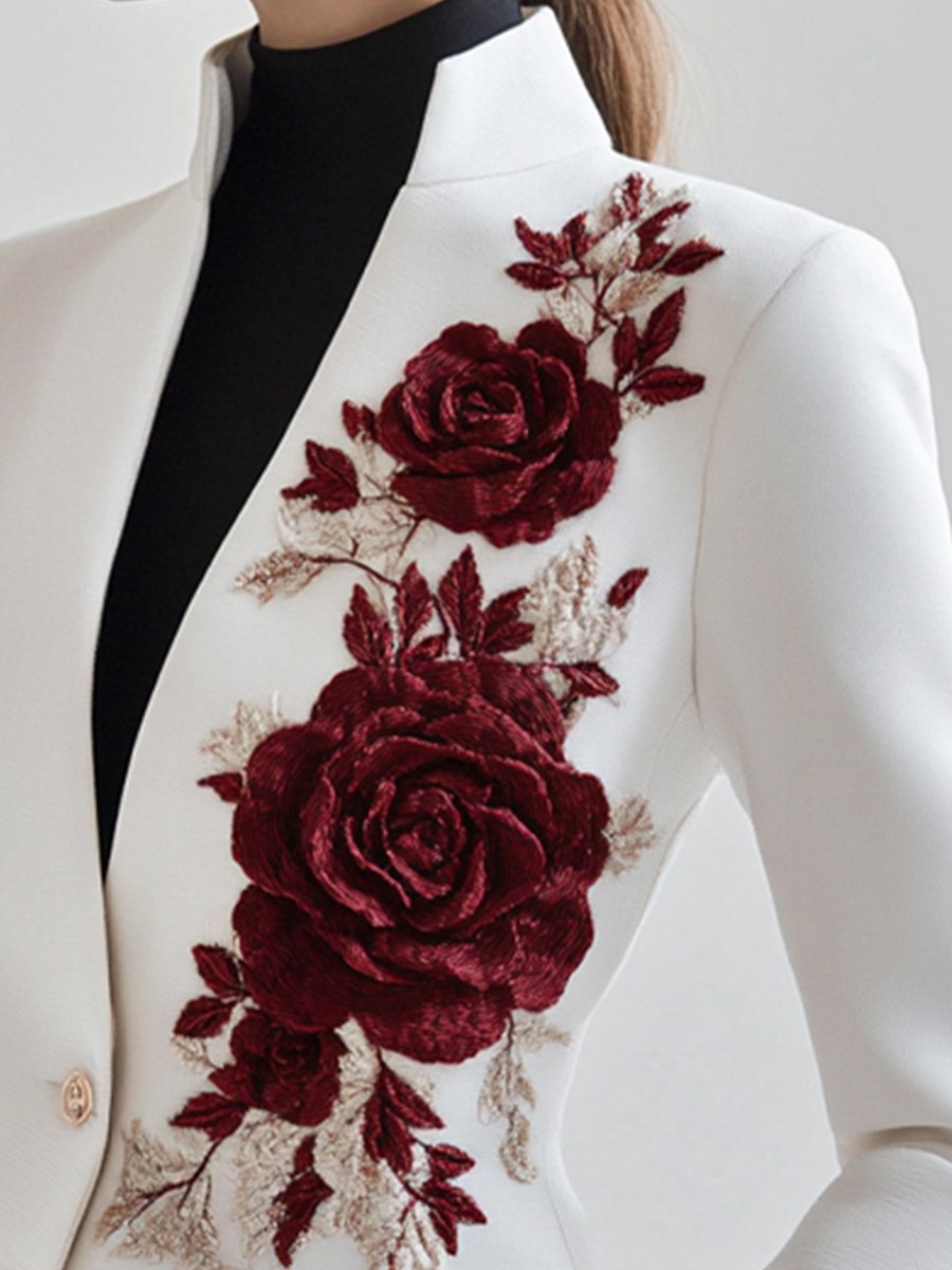Elena | Blazer with Red Rose Embroidery - Elle & Milo