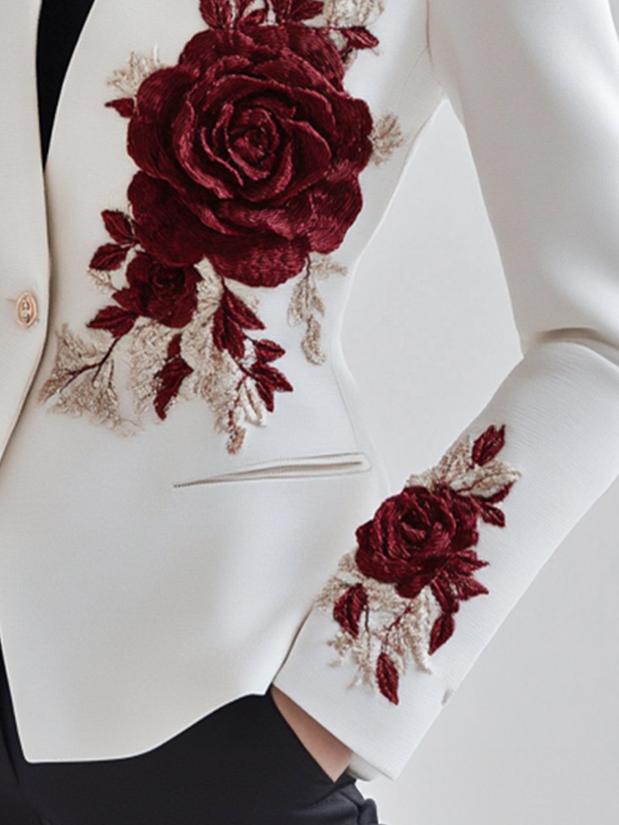 Elena | Blazer with Red Rose Embroidery - Elle & Milo