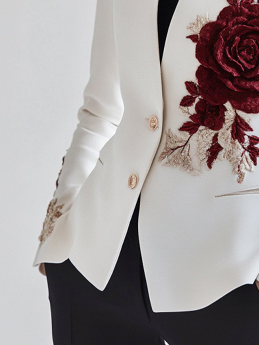 Elena | Blazer with Red Rose Embroidery - Elle & Milo