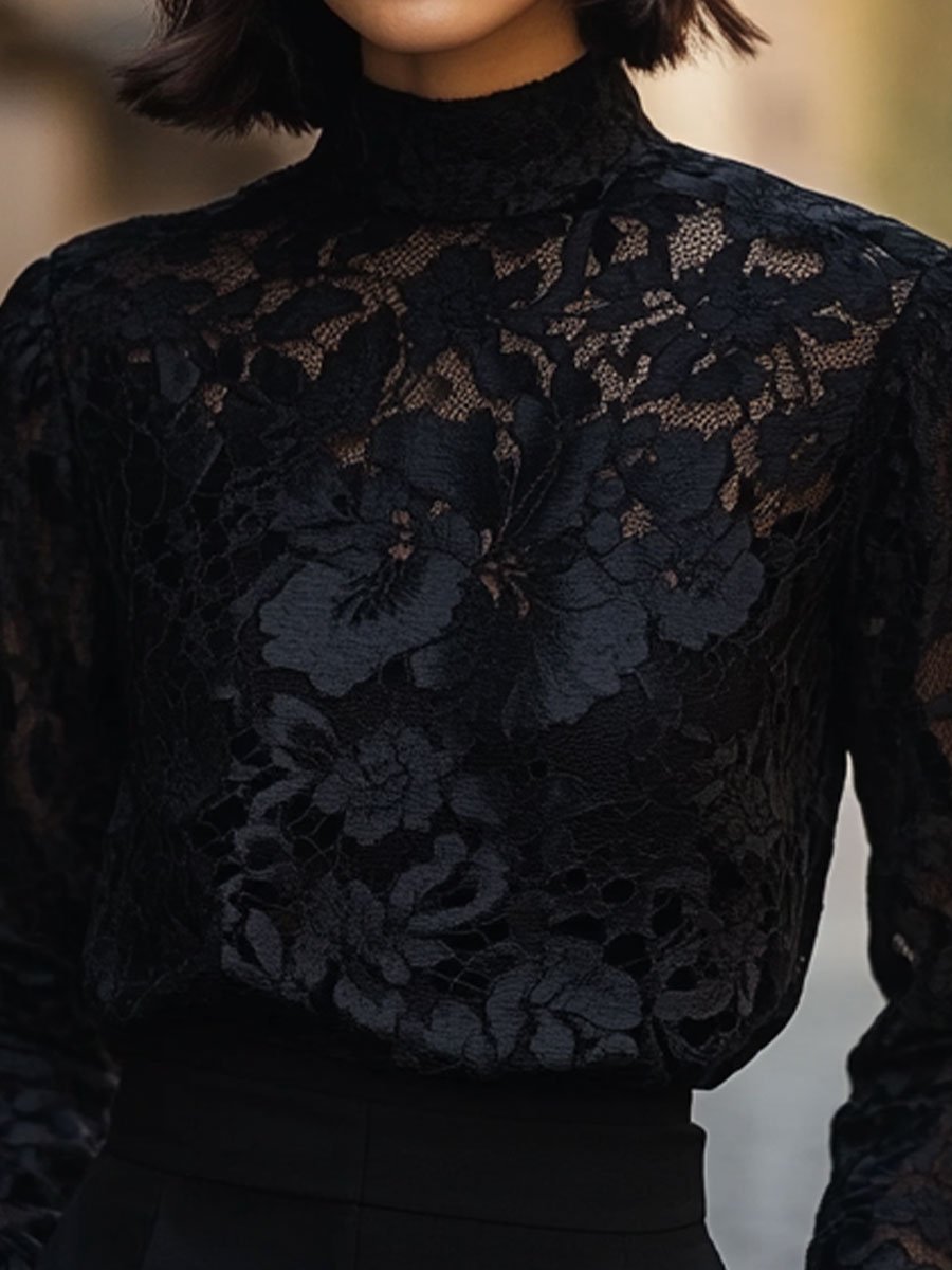 Isabelle | Floral Lace High Neck Blouse - Elle & Milo