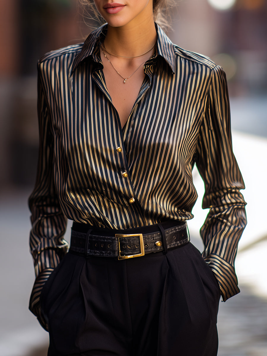 Isabelle | Metallic Stripe Satin Blouse - Elle & Milo