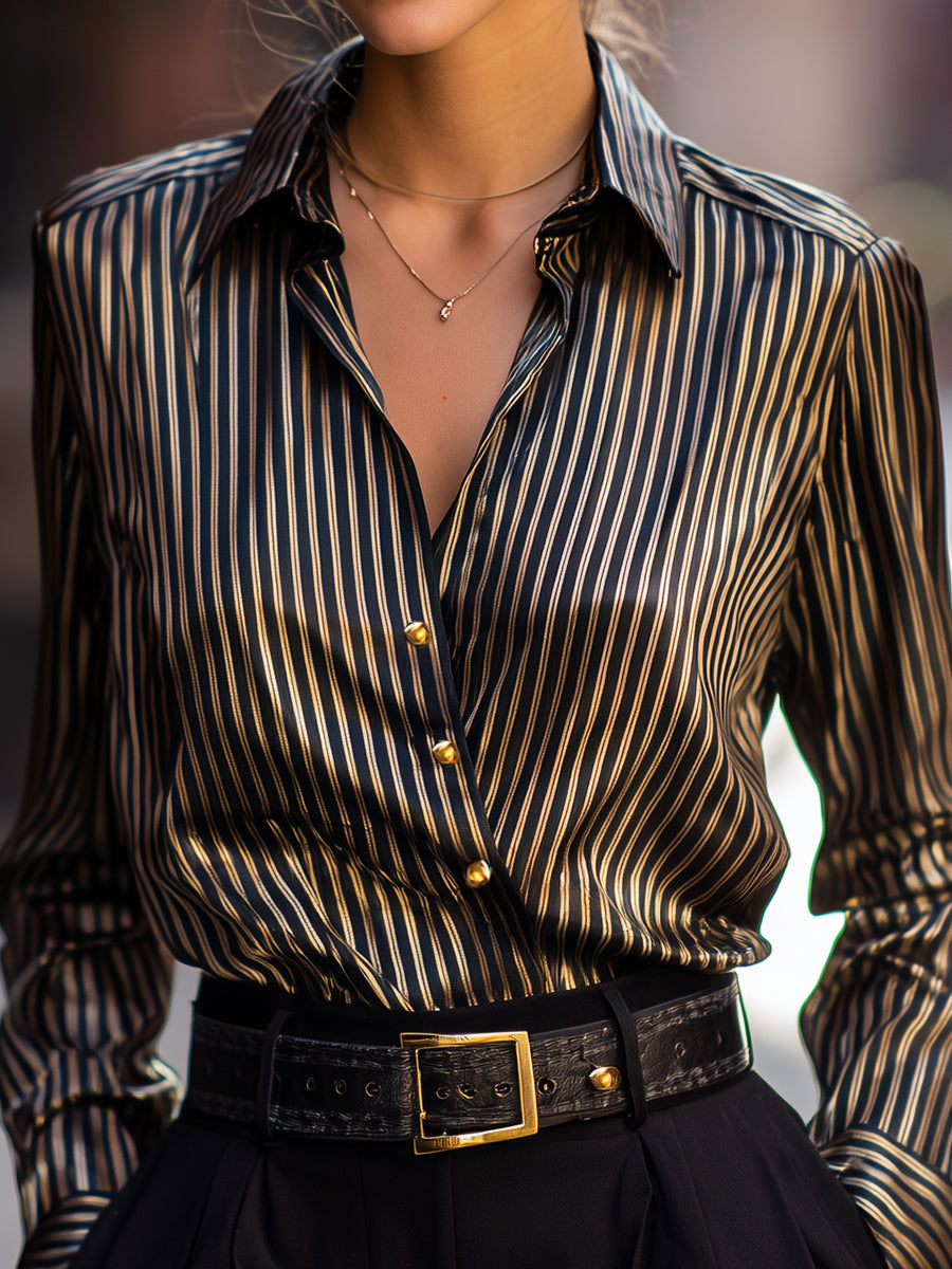 Isabelle | Metallic Stripe Satin Blouse - Elle & Milo