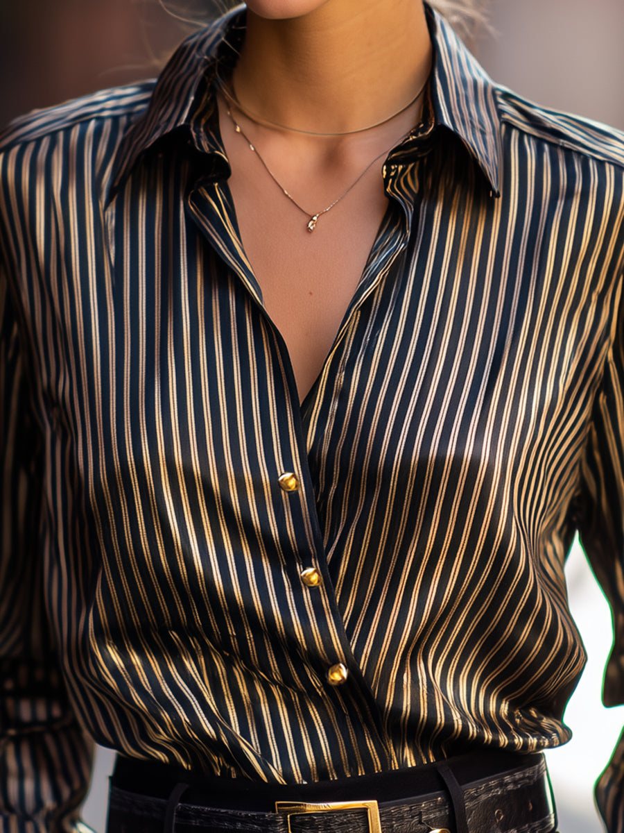 Isabelle | Metallic Stripe Satin Blouse - Elle & Milo