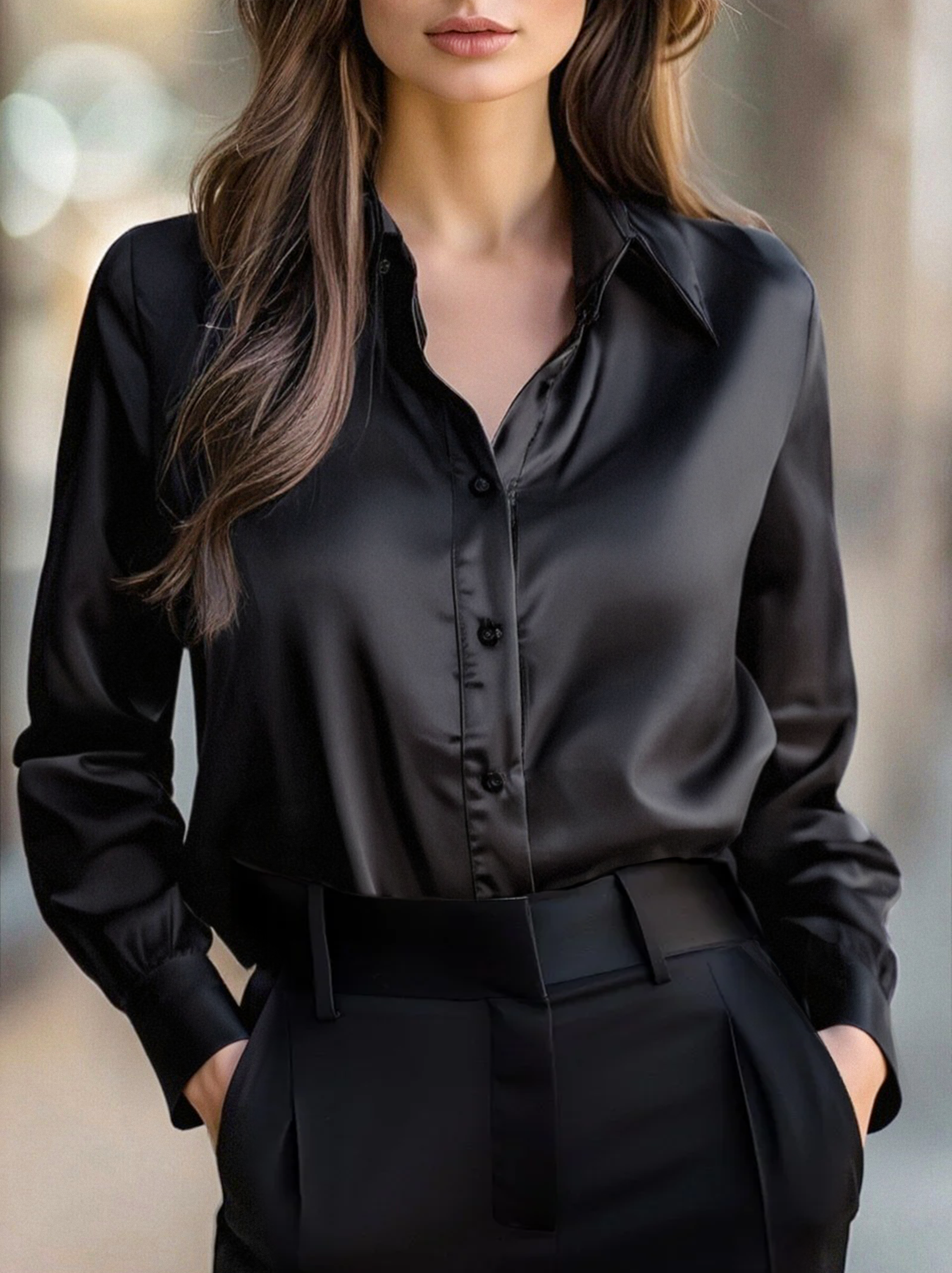 Luna | Black Satin Long Sleeve Blouse - Elle & Milo