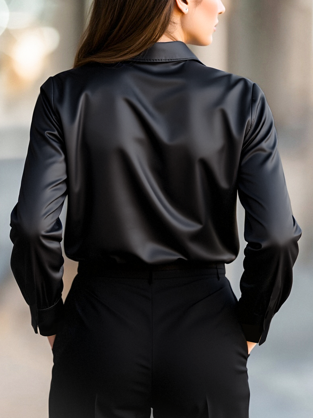 Luna | Black Satin Long Sleeve Blouse - Elle & Milo