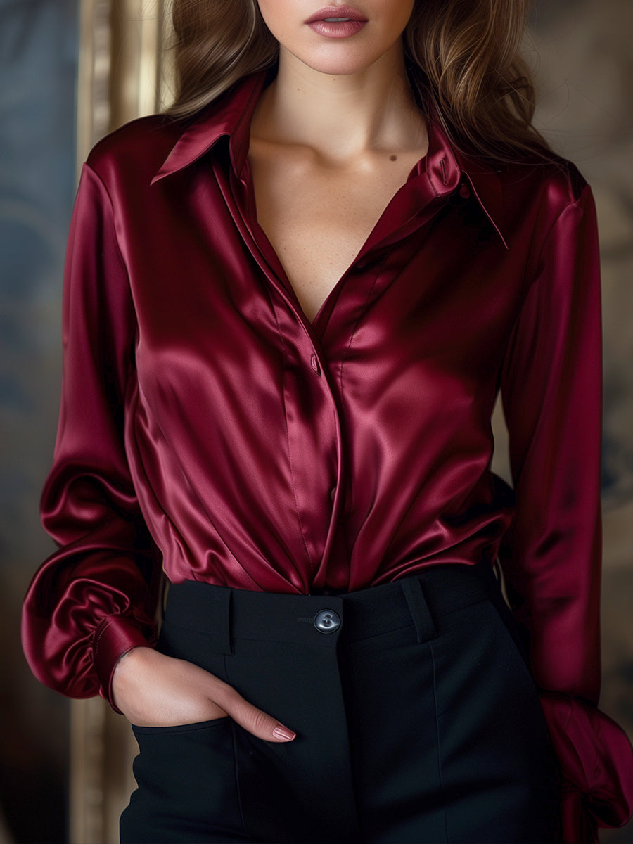 Luna | Black Satin Long Sleeve Blouse - Elle & Milo