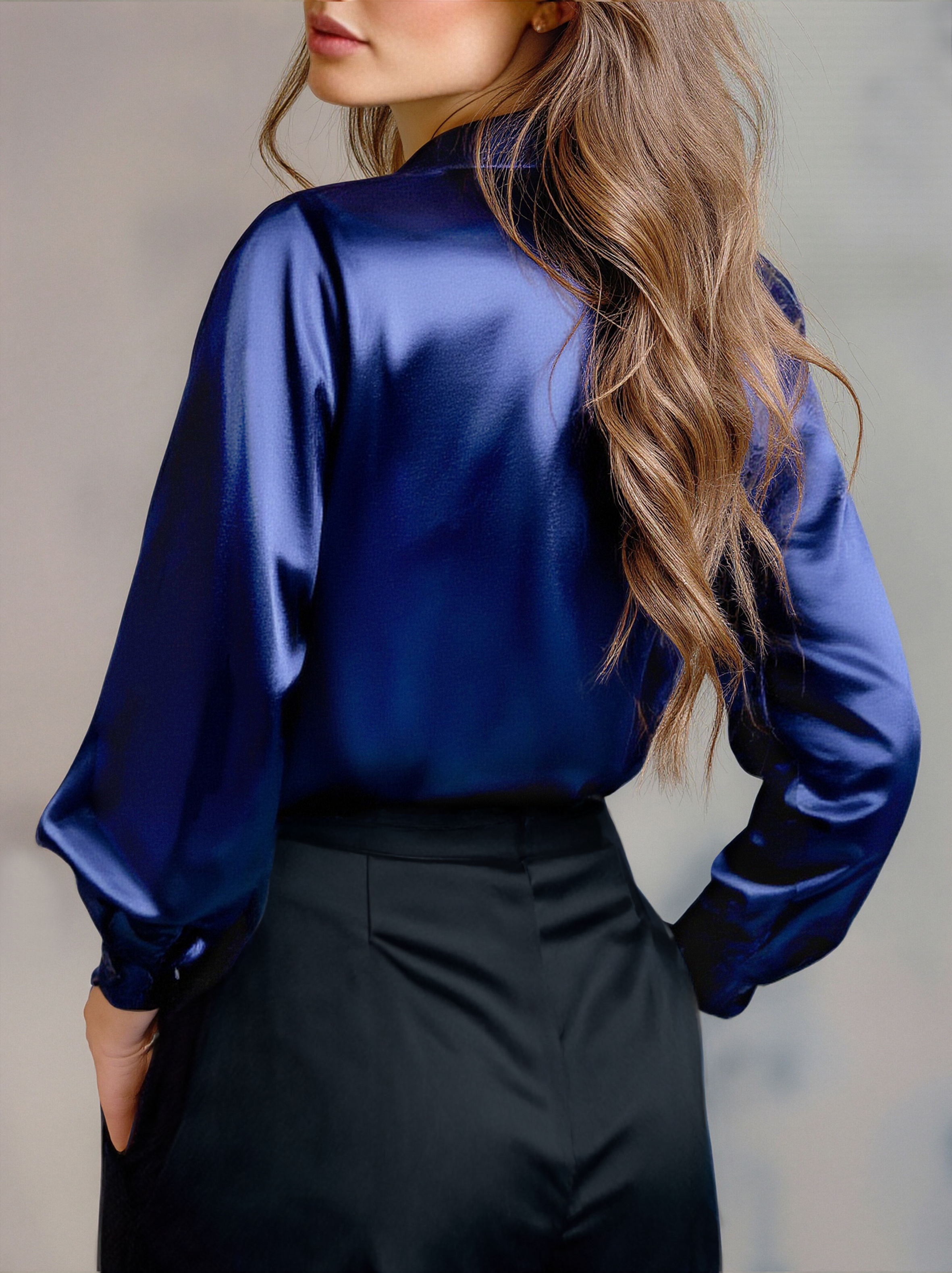 Luna | Black Satin Long Sleeve Blouse - Elle & Milo