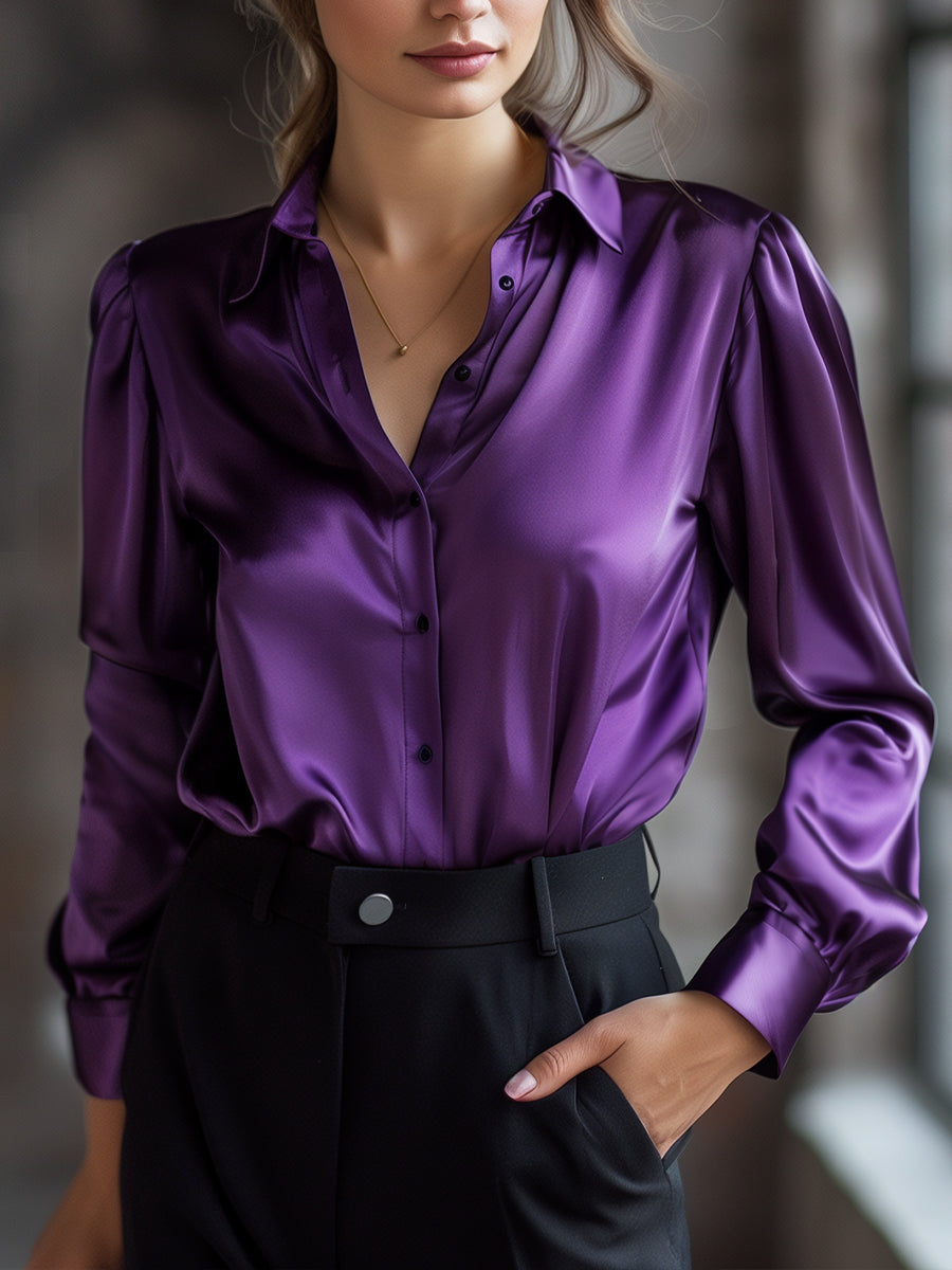 Luna | Black Satin Long Sleeve Blouse - Elle & Milo