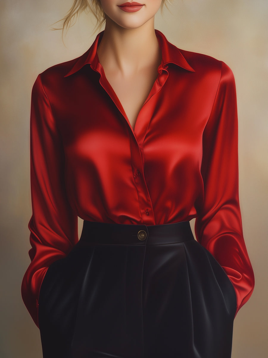 Luna | Black Satin Long Sleeve Blouse - Elle & Milo