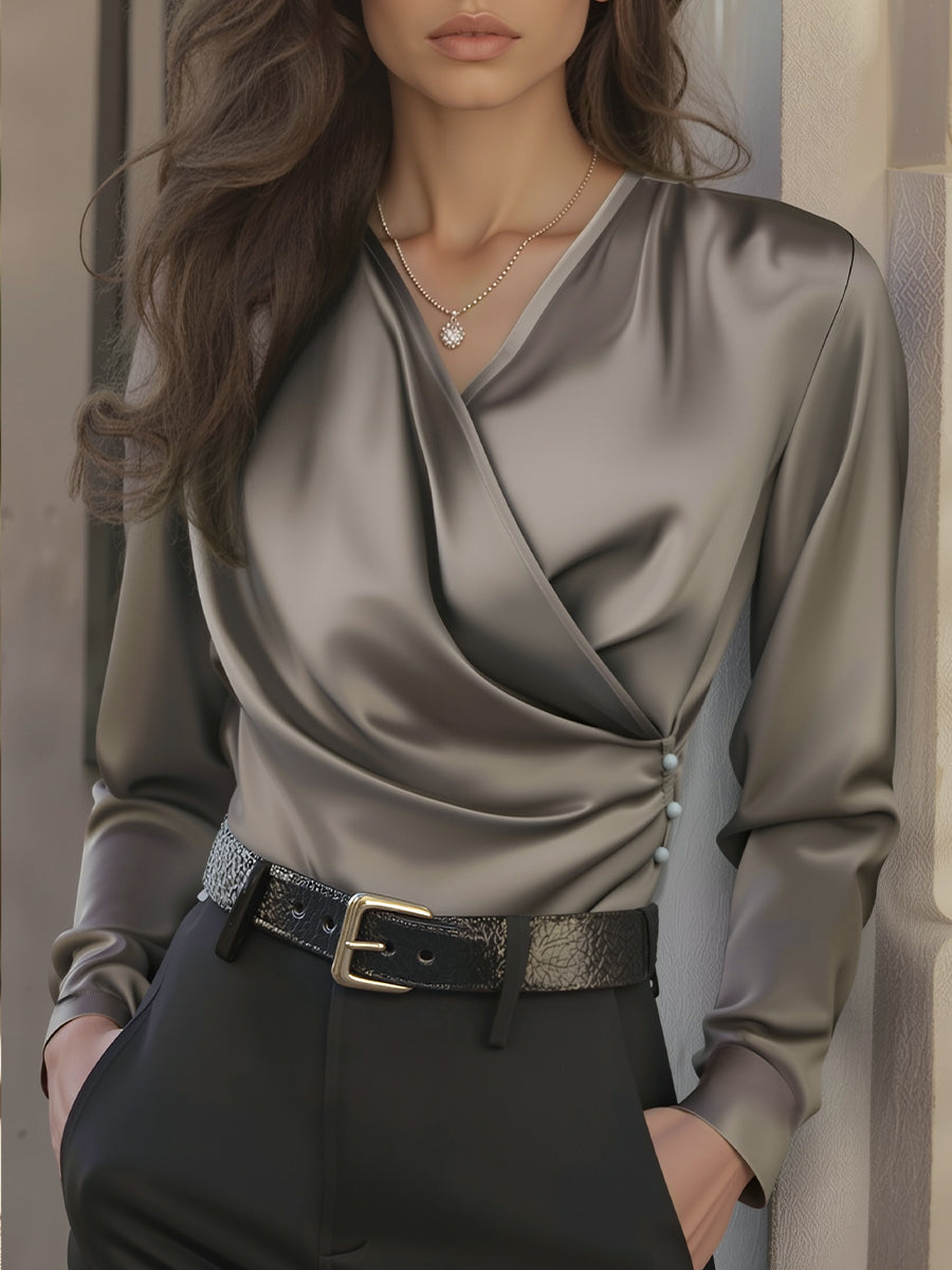 Isabelle | Brown Lace Up Satin Blouse - Elle & Milo