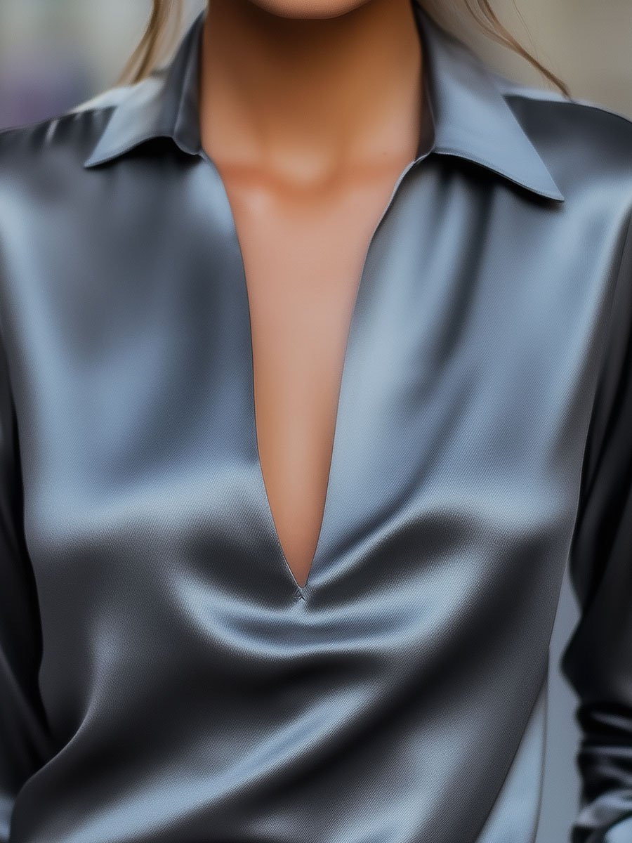Luna | Silver Satin V-Neck Blouse - Elle & Milo