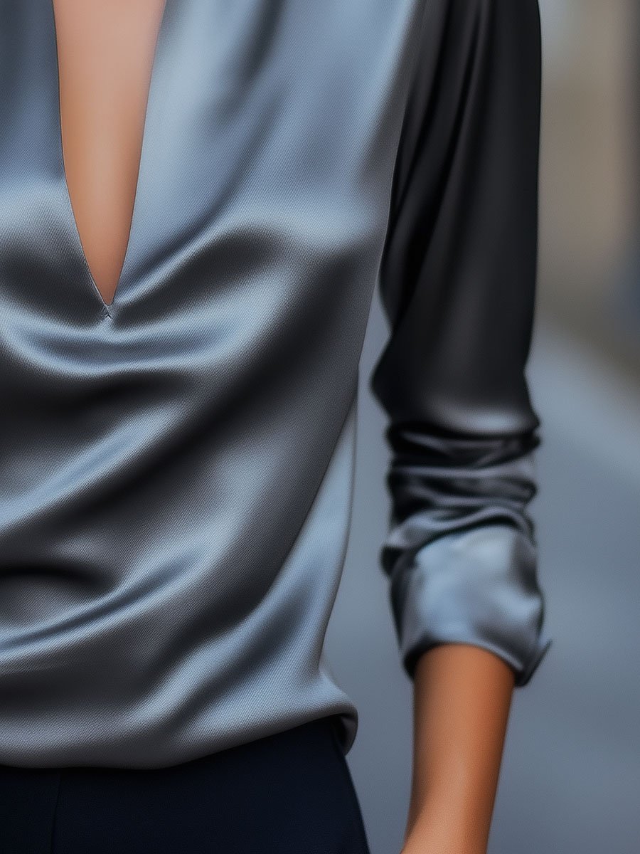 Luna | Silver Satin V-Neck Blouse - Elle & Milo