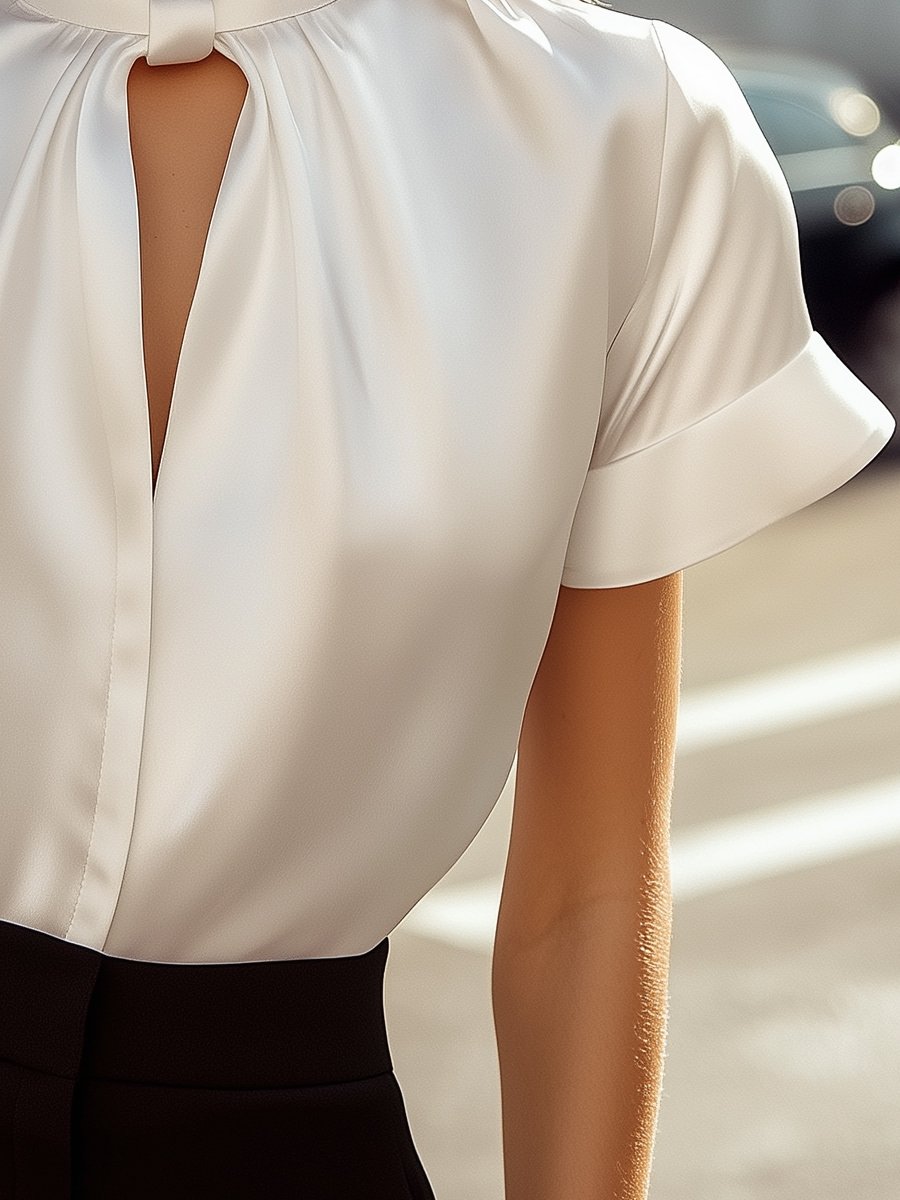Isabelle | White Satin Keyhole Blouse - Elle & Milo
