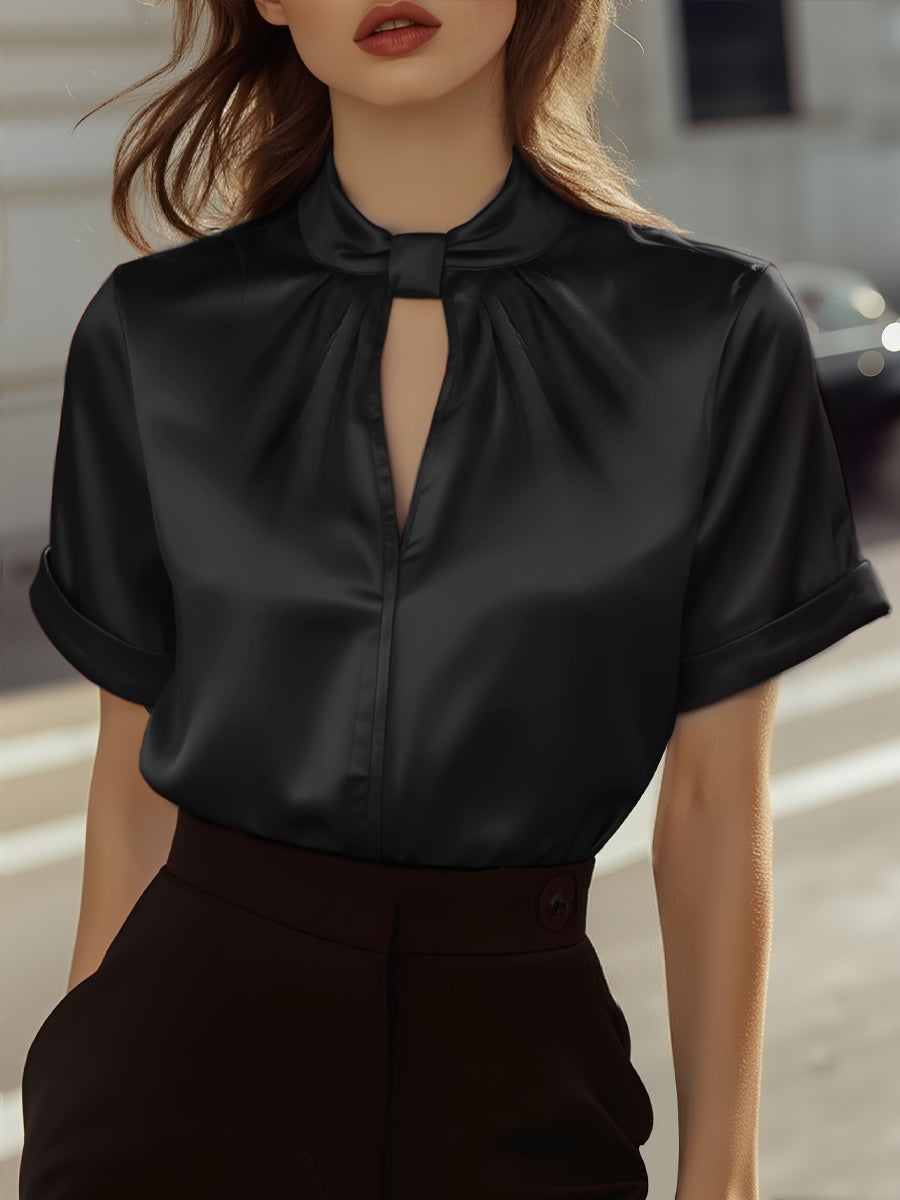 Isabelle | White Satin Keyhole Blouse - Elle & Milo