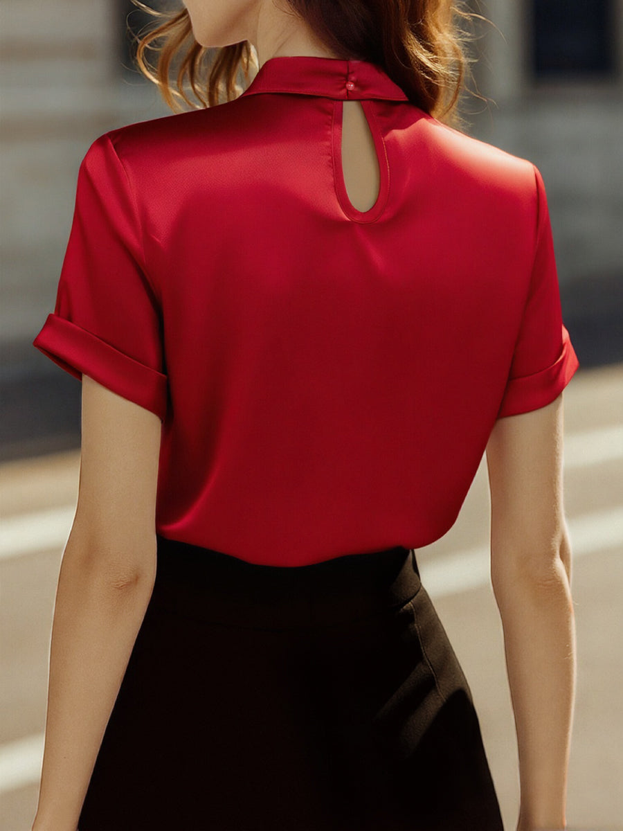 Isabelle | White Satin Keyhole Blouse - Elle & Milo