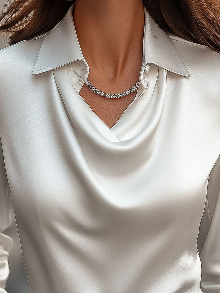 Delphine | White Draped Satin Blouse - Elle & Milo