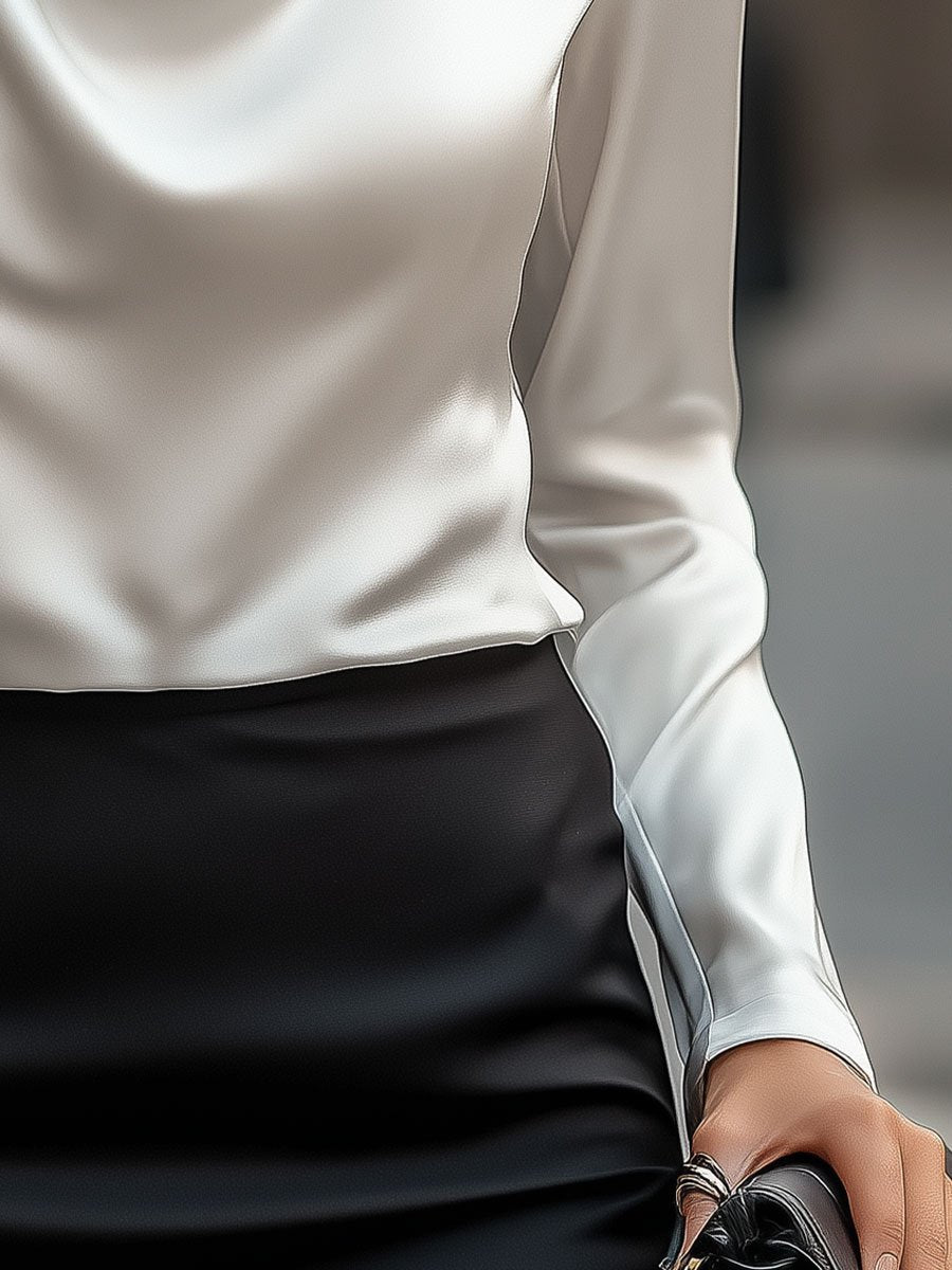 Delphine | White Draped Satin Blouse - Elle & Milo