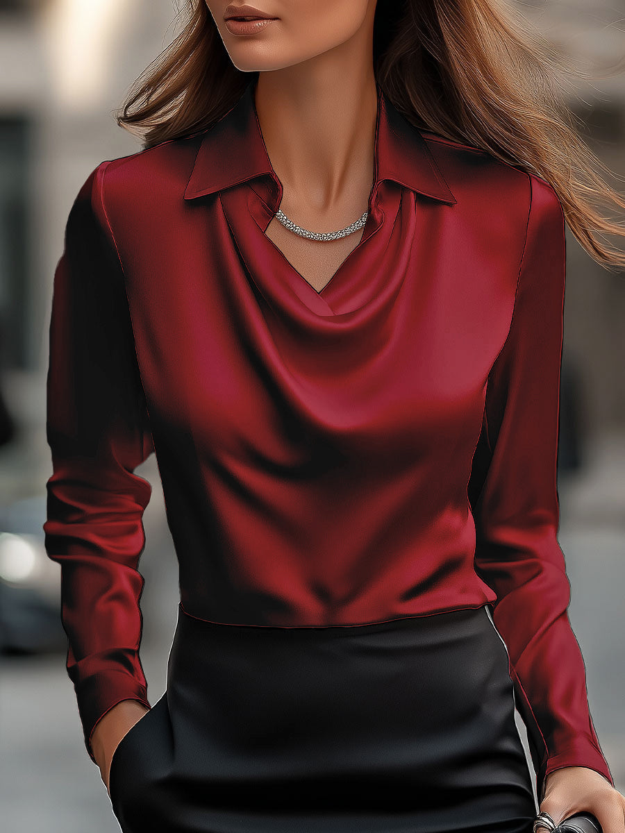 Delphine | White Draped Satin Blouse - Elle & Milo