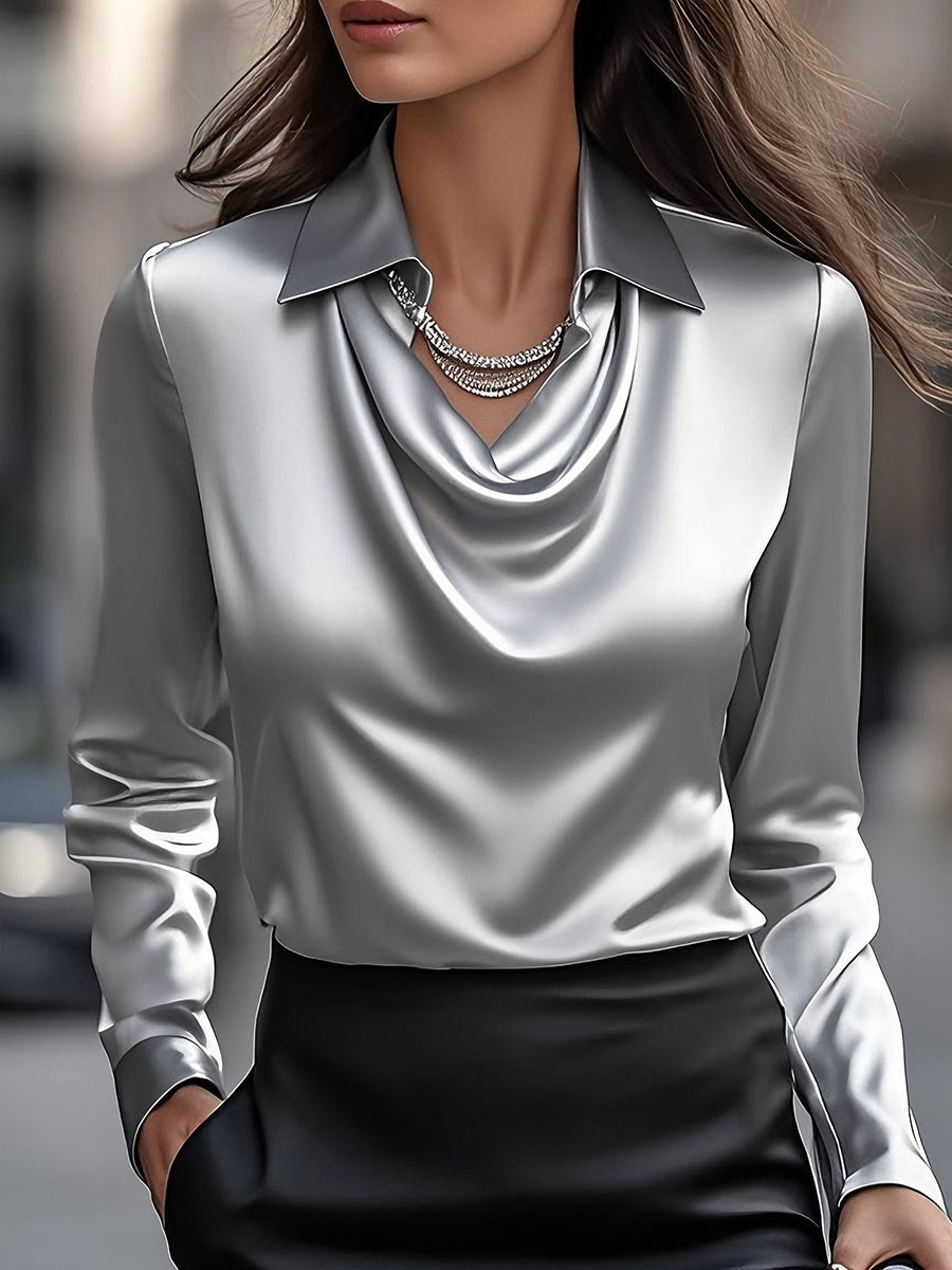 Delphine | White Draped Satin Blouse - Elle & Milo