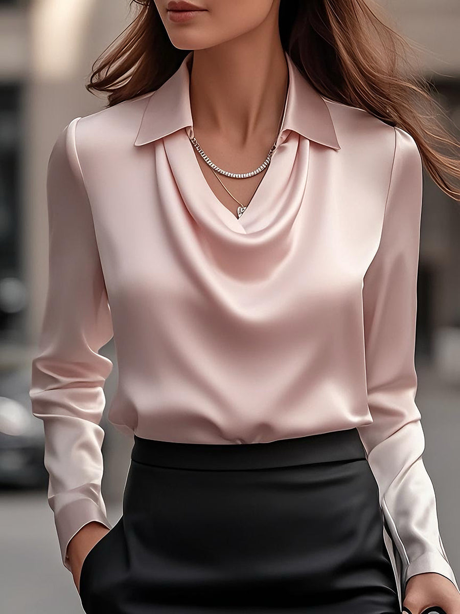 Delphine | White Draped Satin Blouse - Elle & Milo