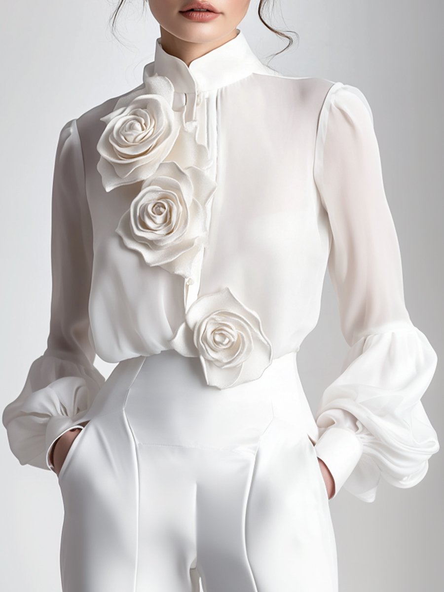 Isabelle | White Blouse With 3D Roses - Elle & Milo