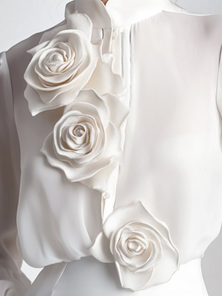 Isabelle | White Blouse With 3D Roses - Elle & Milo