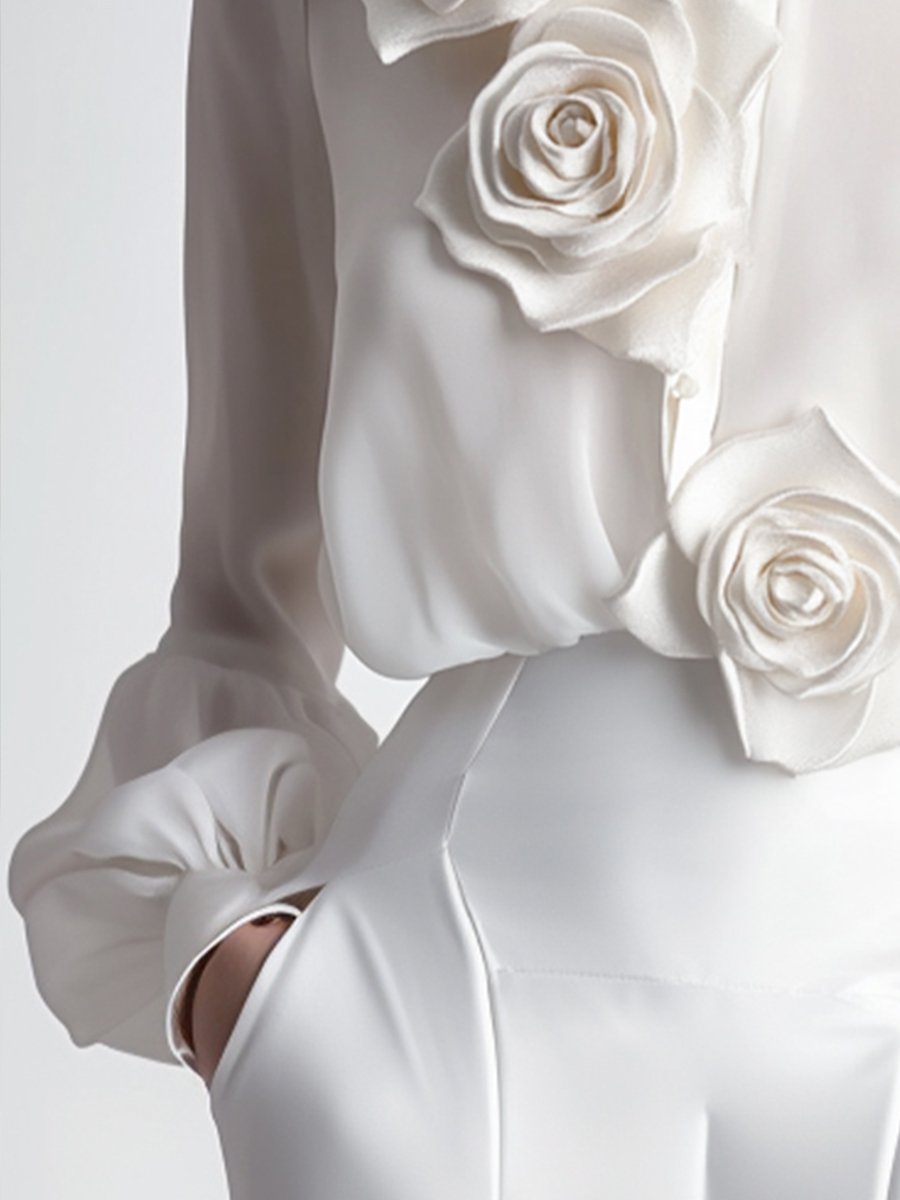 Isabelle | White Blouse With 3D Roses - Elle & Milo