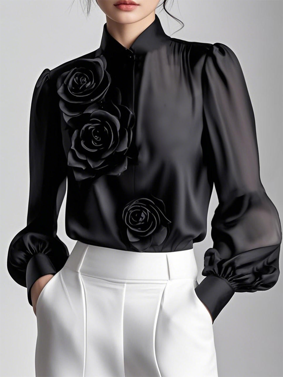 Isabelle | White Blouse With 3D Roses - Elle & Milo