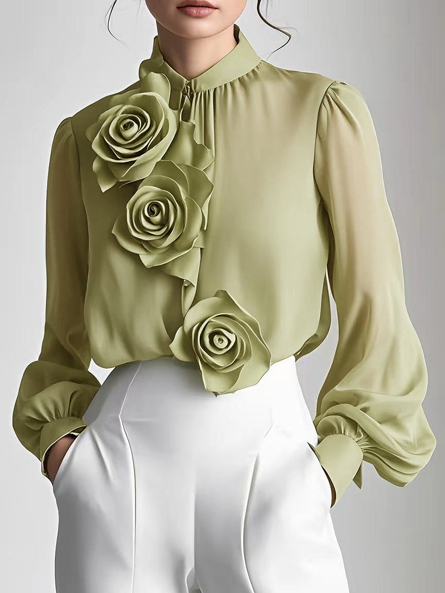 Isabelle | White Blouse With 3D Roses - Elle & Milo