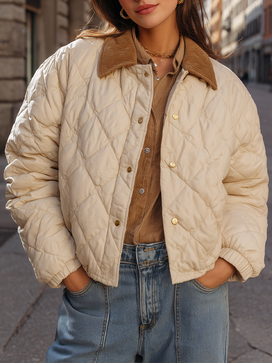 Elena | Quilted Cropped Jacket with Corduroy Collar in Beige - Elle & Milo