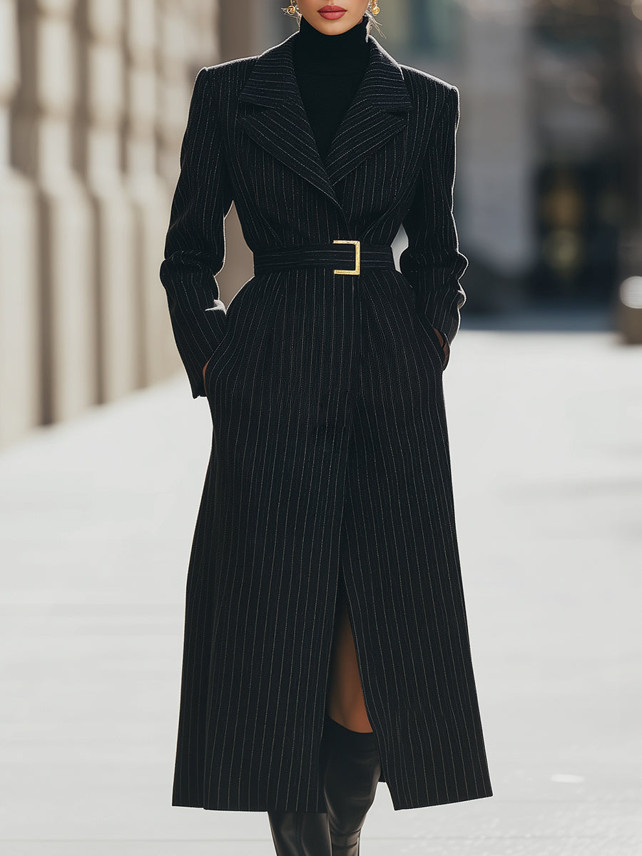 Aurora | Structured Pinstripe Belted Long Coat - Elle & Milo