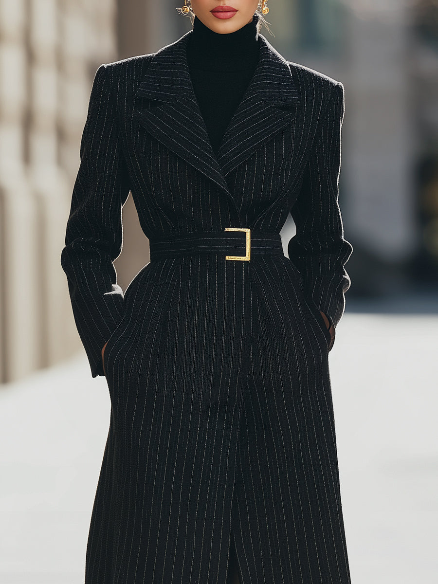 Aurora | Structured Pinstripe Belted Long Coat - Elle & Milo